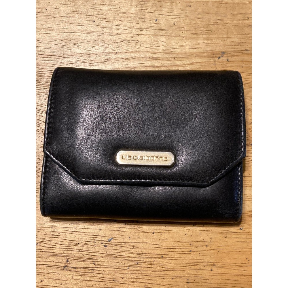 Liz Claiborne Black Genuine Leather Trifold Wallet Gold Logo Snap Closure